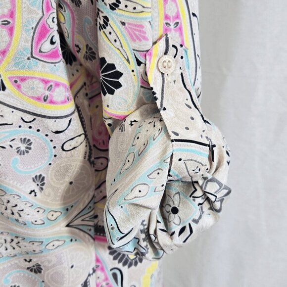 Calvin Klein Multicolor Abstract Paisley Roll Tab Sleeve Button-Up Shirt Boho - Picture 6 of 8